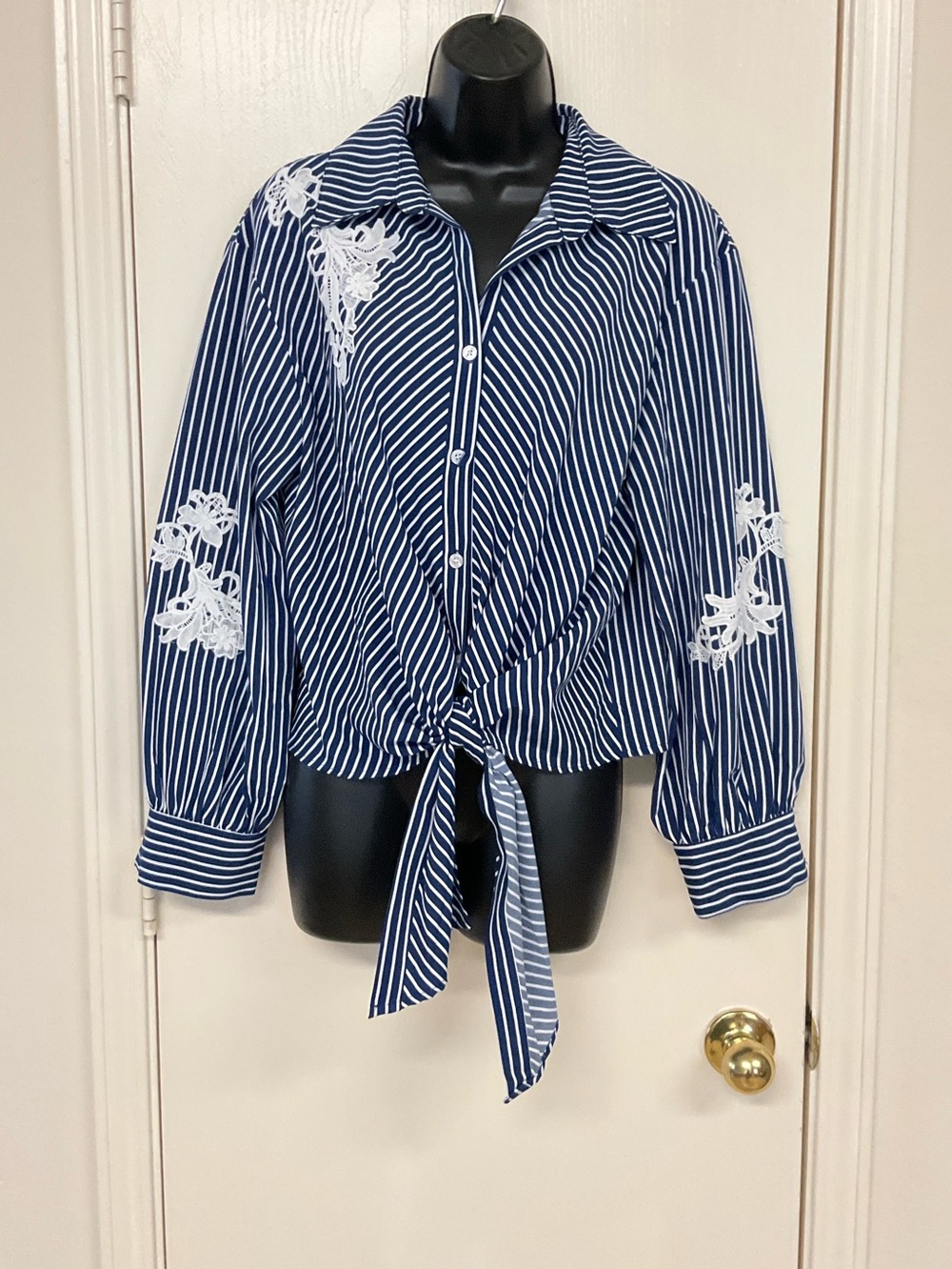 Notations Navy & White Striped Button-Front Blouse with Lace Trim